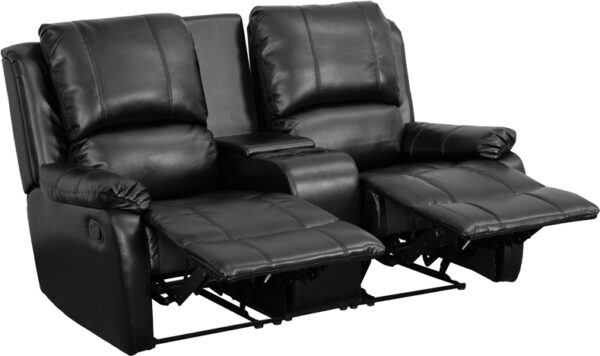 Wholesale Allure Series 2-Seat Reclining Pillow Back Black Leather Theater Seating Unit with Cup Holders