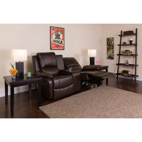 Lowest Price Allure Series 2-Seat Reclining Pillow Back Brown Leather Theater Seating Unit with Cup Holders