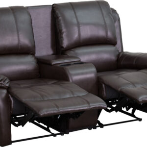 Wholesale Allure Series 2-Seat Reclining Pillow Back Brown Leather Theater Seating Unit with Cup Holders