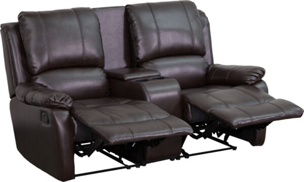 Wholesale Allure Series 2-Seat Reclining Pillow Back Brown Leather Theater Seating Unit with Cup Holders