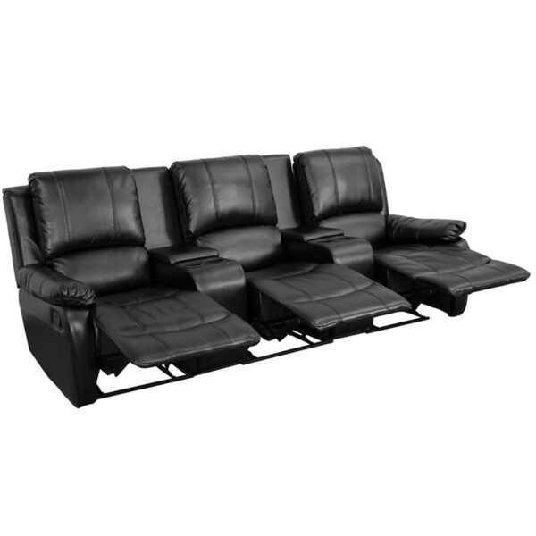 Wholesale Allure Series 3-Seat Reclining Pillow Back Black Leather Theater Seating Unit with Cup Holders