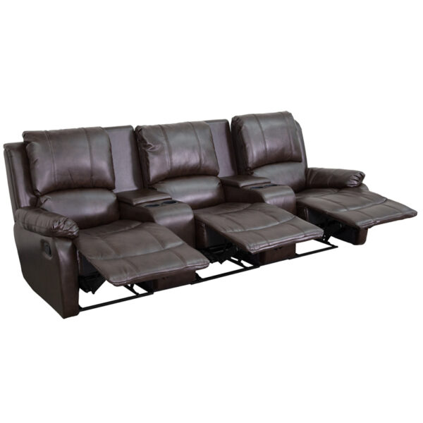 Wholesale Allure Series 3-Seat Reclining Pillow Back Brown Leather Theater Seating Unit with Cup Holders