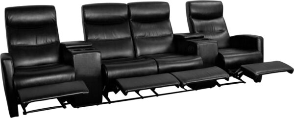 Wholesale Anetos Series 4-Seat Reclining Black Leather Theater Seating Unit with Cup Holders