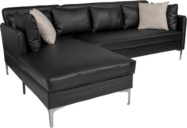 Wholesale Back Bay Upholstered Accent Pillow Back Sectional with Left Side Facing Chaise in Black Leather