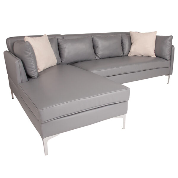 Wholesale Back Bay Upholstered Accent Pillow Back Sectional with Left Side Facing Chaise in Gray Leather