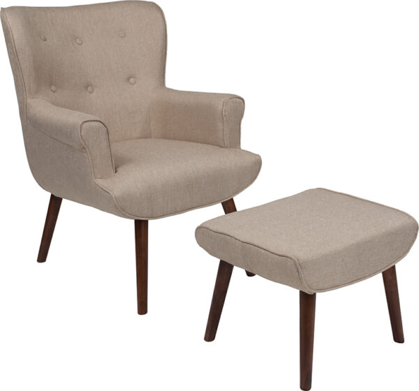Wholesale Bayton Upholstered Wingback Chair with Ottoman in Beige Fabric