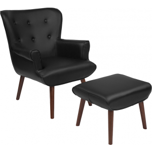 Wholesale Bayton Upholstered Wingback Chair with Ottoman in Black Leather
