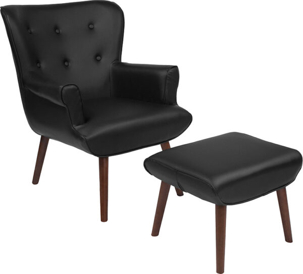 Wholesale Bayton Upholstered Wingback Chair with Ottoman in Black Leather