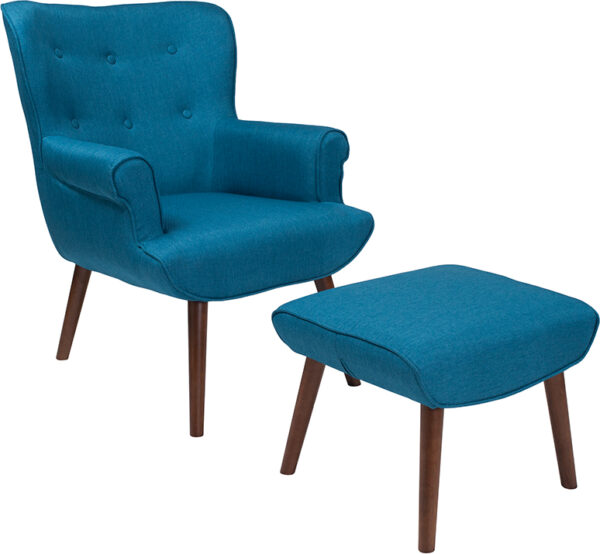 Wholesale Bayton Upholstered Wingback Chair with Ottoman in Blue Fabric