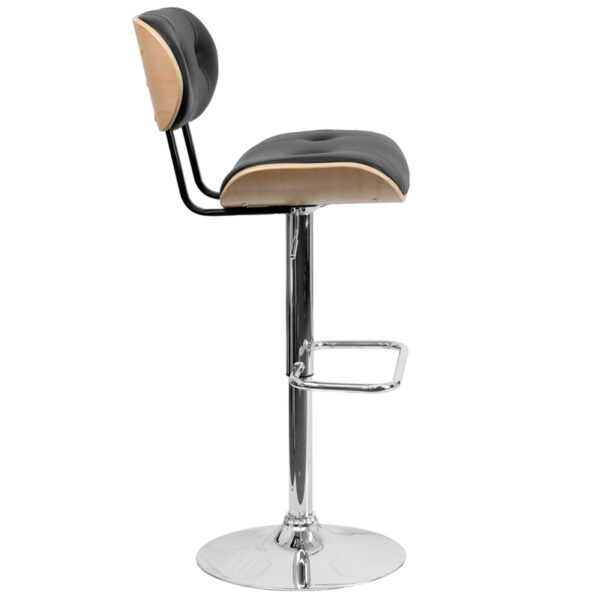Lowest Price Beech Bentwood Adjustable Height Barstool with Button Tufted Black Vinyl Seat