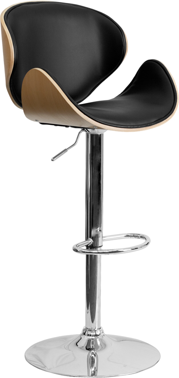 Wholesale Beech Bentwood Adjustable Height Barstool with Curved Back and Black Vinyl Seat