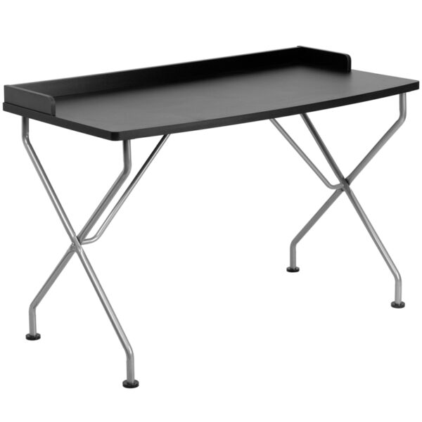 Wholesale Black Computer Desk with Raised Border and Silver Metal Frame