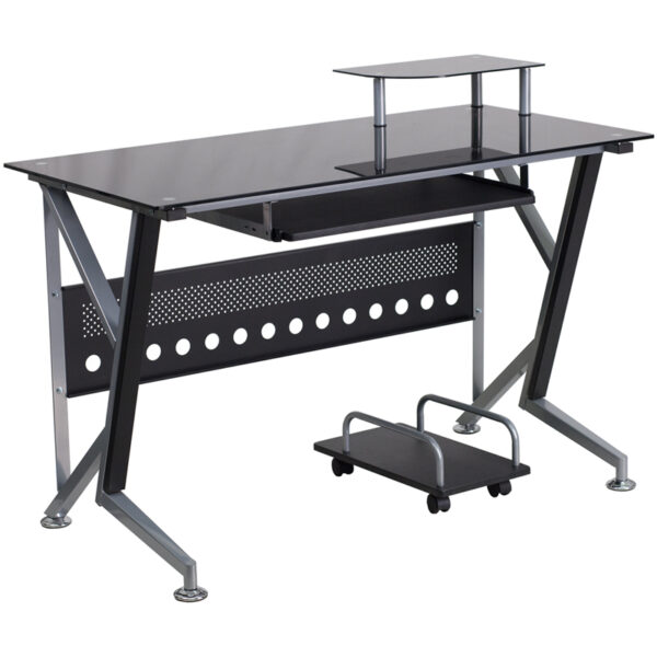 Wholesale Black Glass Computer Desk with Pull-Out Keyboard Tray and CPU Cart