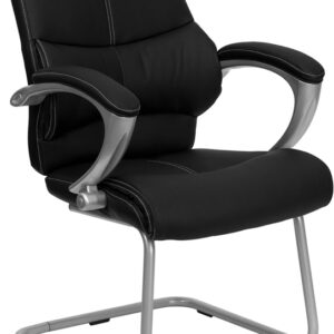 Wholesale Black Leather Executive Side Reception Chair with Silver Sled Base