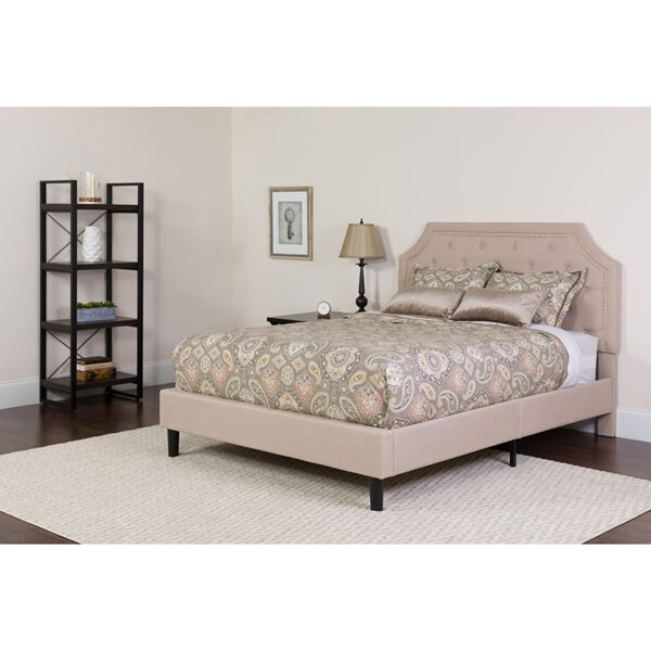 Wholesale Brighton Full Size Tufted Upholstered Platform Bed in Beige Fabric with Pocket Spring Mattress