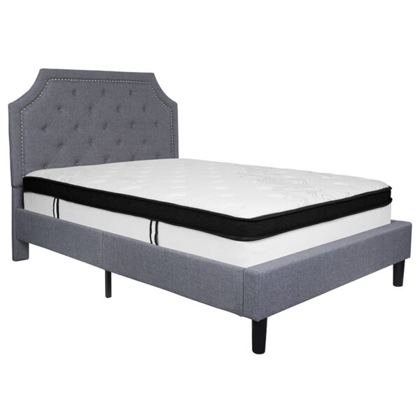 Lowest Price Brighton Full Size Tufted Upholstered Platform Bed in Light Gray Fabric with Memory Foam Mattress