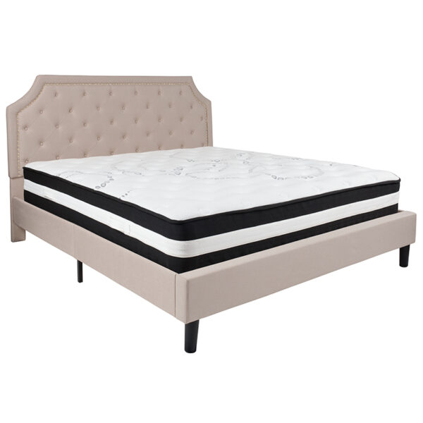 Lowest Price Brighton King Size Tufted Upholstered Platform Bed in Beige Fabric with Pocket Spring Mattress