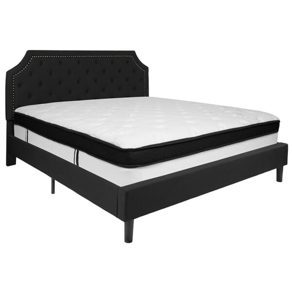 Lowest Price Brighton King Size Tufted Upholstered Platform Bed in Black Fabric with Memory Foam Mattress