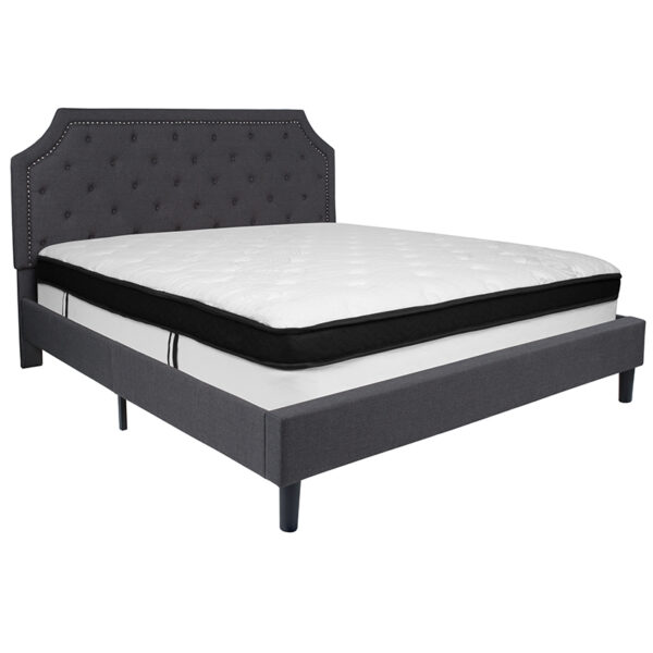 Lowest Price Brighton King Size Tufted Upholstered Platform Bed in Dark Gray Fabric with Memory Foam Mattress