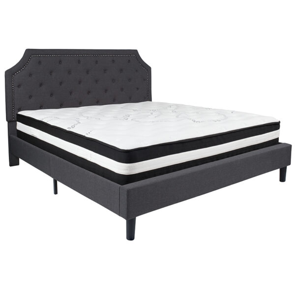 Lowest Price Brighton King Size Tufted Upholstered Platform Bed in Dark Gray Fabric with Pocket Spring Mattress