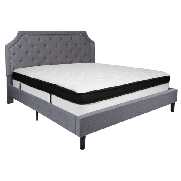 Lowest Price Brighton King Size Tufted Upholstered Platform Bed in Light Gray Fabric with Memory Foam Mattress
