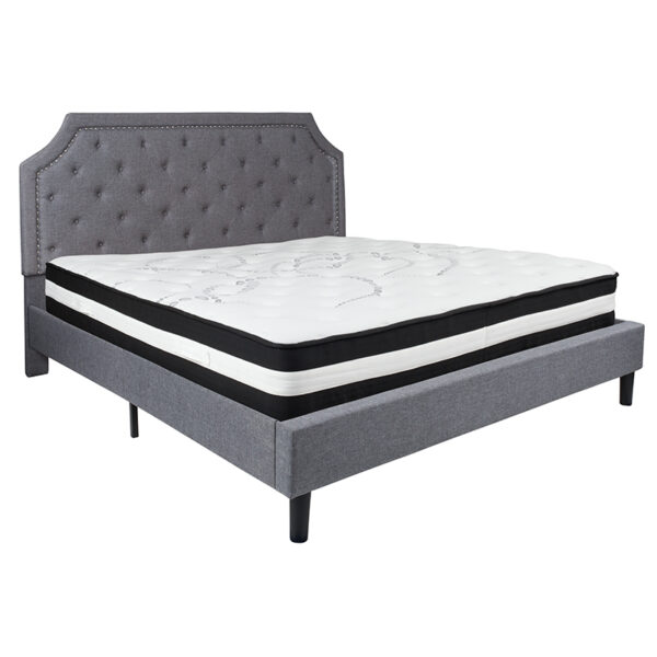 Lowest Price Brighton King Size Tufted Upholstered Platform Bed in Light Gray Fabric with Pocket Spring Mattress
