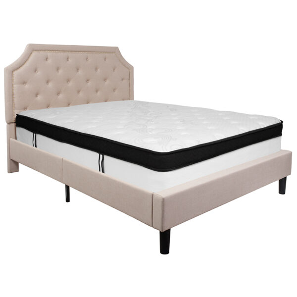 Lowest Price Brighton Queen Size Tufted Upholstered Platform Bed in Beige Fabric with Memory Foam Mattress