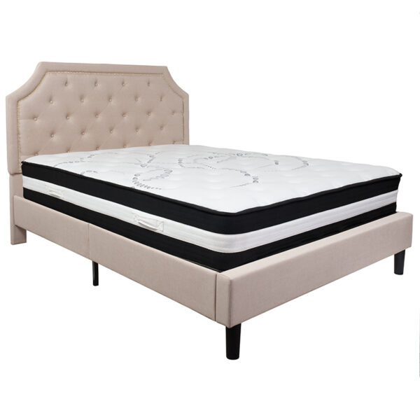 Lowest Price Brighton Queen Size Tufted Upholstered Platform Bed in Beige Fabric with Pocket Spring Mattress