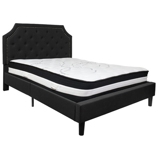 Lowest Price Brighton Queen Size Tufted Upholstered Platform Bed in Black Fabric with Pocket Spring Mattress