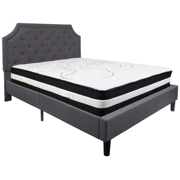 Lowest Price Brighton Queen Size Tufted Upholstered Platform Bed in Dark Gray Fabric with Pocket Spring Mattress