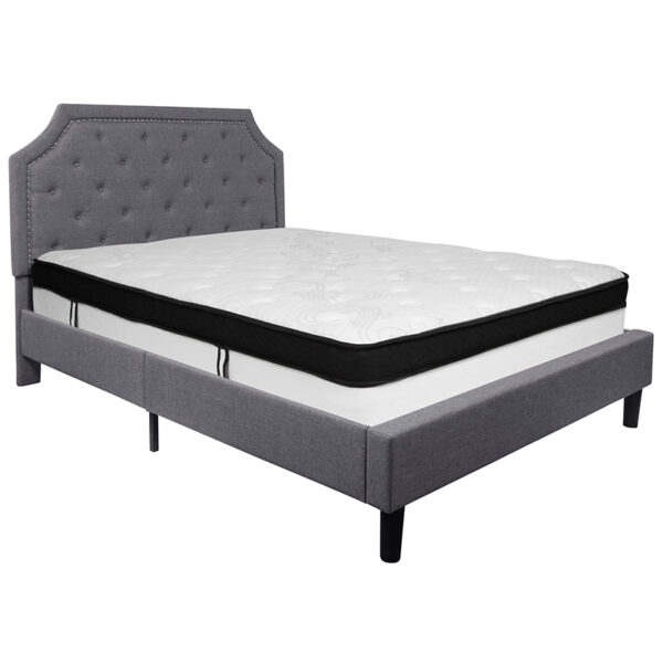 Lowest Price Brighton Queen Size Tufted Upholstered Platform Bed in Light Gray Fabric with Memory Foam Mattress