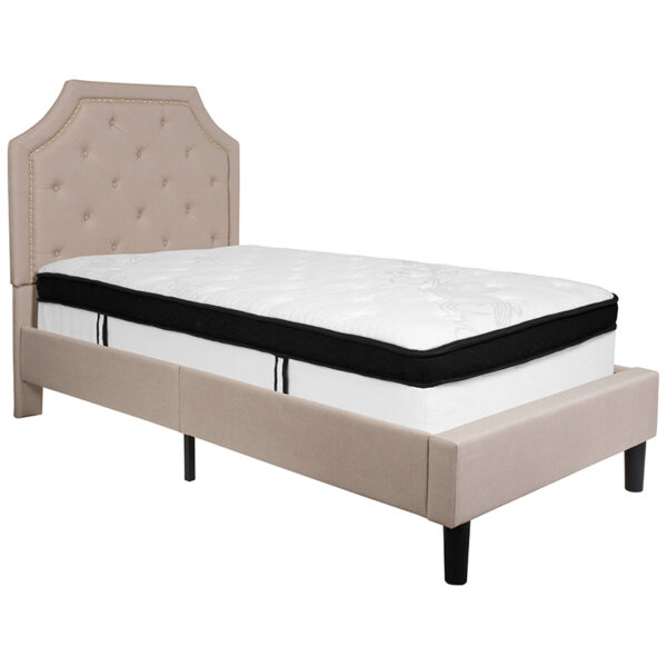 Lowest Price Brighton Twin Size Tufted Upholstered Platform Bed in Beige Fabric with Memory Foam Mattress