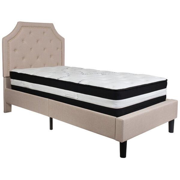 Lowest Price Brighton Twin Size Tufted Upholstered Platform Bed in Beige Fabric with Pocket Spring Mattress
