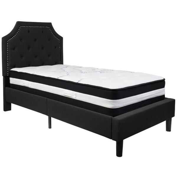 Lowest Price Brighton Twin Size Tufted Upholstered Platform Bed in Black Fabric with Pocket Spring Mattress