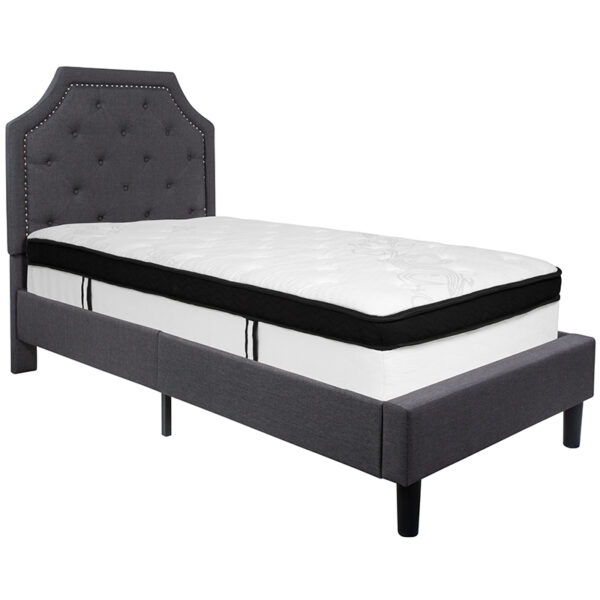 Lowest Price Brighton Twin Size Tufted Upholstered Platform Bed in Dark Gray Fabric with Memory Foam Mattress