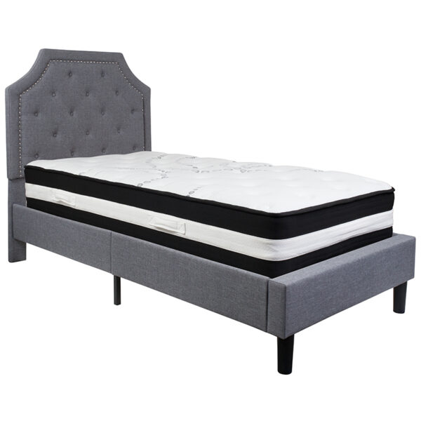 Lowest Price Brighton Twin Size Tufted Upholstered Platform Bed in Light Gray Fabric with Pocket Spring Mattress