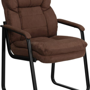 Wholesale Brown Microfiber Executive Side Reception Chair with Lumbar Support and Sled Base