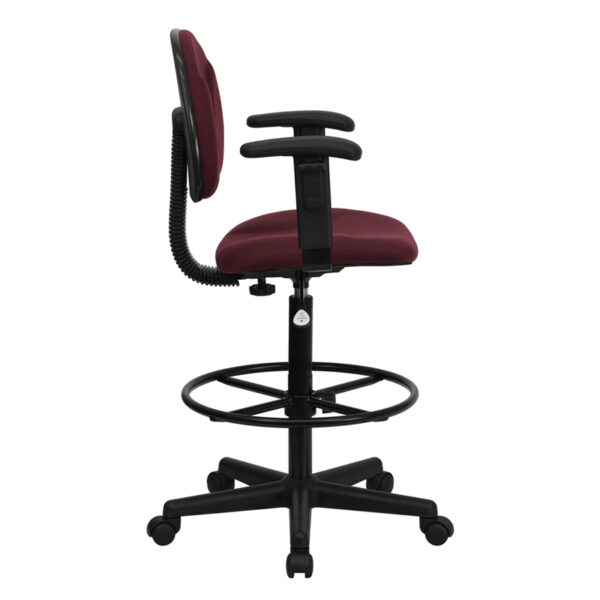 Lowest Price Burgundy Fabric Drafting Chair with Adjustable Arms (Cylinders: 22.5''-27''H or 26''-30.5''H)