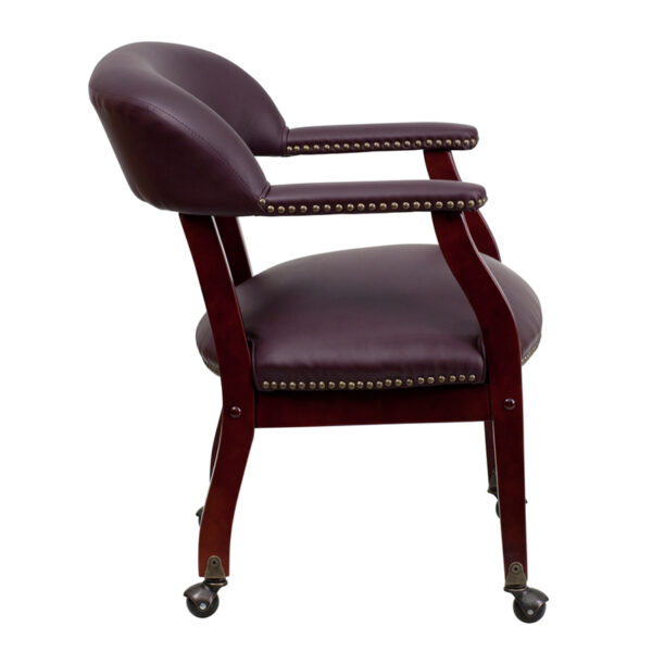 Lowest Price Burgundy Leather Conference Chair with Accent Nail Trim and Casters