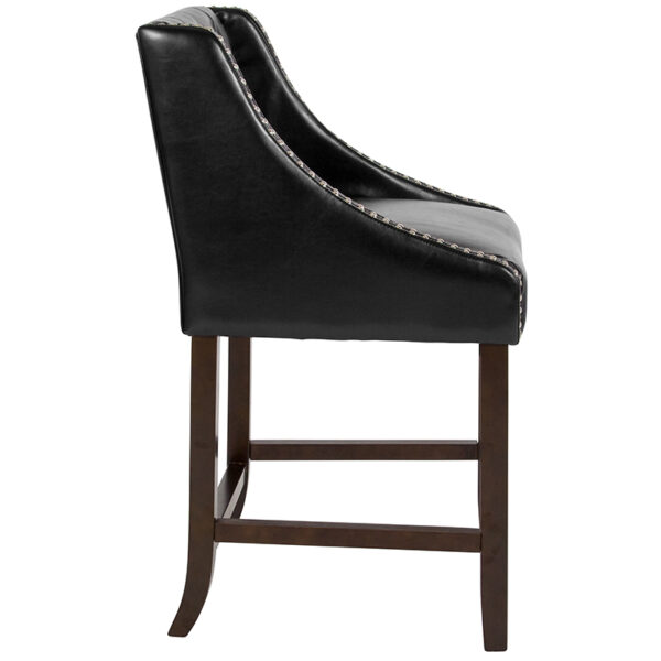 Lowest Price Carmel Series 24" High Transitional Tufted Walnut Counter Height Stool with Accent Nail Trim in Black Leather