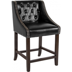 Wholesale Carmel Series 24" High Transitional Tufted Walnut Counter Height Stool with Accent Nail Trim in Black Leather