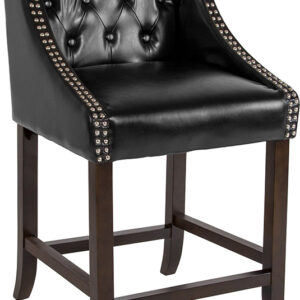 Wholesale Carmel Series 24" High Transitional Tufted Walnut Counter Height Stool with Accent Nail Trim in Black Leather