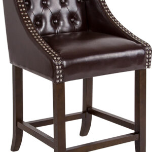 Wholesale Carmel Series 24" High Transitional Tufted Walnut Counter Height Stool with Accent Nail Trim in Brown Leather
