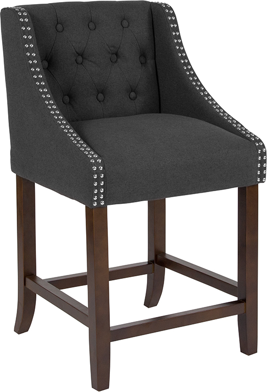 Wholesale Carmel Series 24" High Transitional Tufted Walnut Counter Height Stool with Accent Nail Trim in Charcoal Fabric
