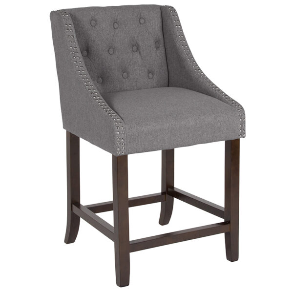 Wholesale Carmel Series 24" High Transitional Tufted Walnut Counter Height Stool with Accent Nail Trim in Dark Gray Fabric