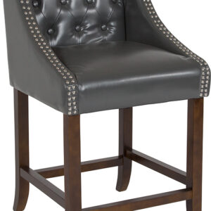 Wholesale Carmel Series 24" High Transitional Tufted Walnut Counter Height Stool with Accent Nail Trim in Dark Gray Leather