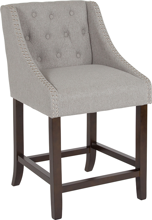 Wholesale Carmel Series 24" High Transitional Tufted Walnut Counter Height Stool with Accent Nail Trim in Light Gray Fabric