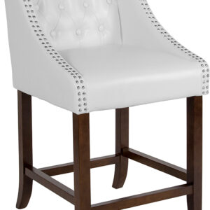 Wholesale Carmel Series 24" High Transitional Tufted Walnut Counter Height Stool with Accent Nail Trim in White Leather