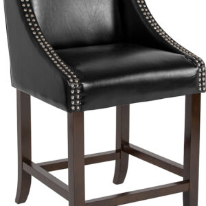 Wholesale Carmel Series 24" High Transitional Walnut Counter Height Stool with Accent Nail Trim in Black Leather