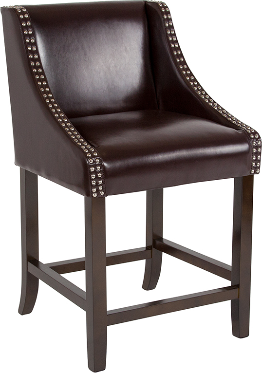 Wholesale Carmel Series 24" High Transitional Walnut Counter Height Stool with Accent Nail Trim in Brown Leather